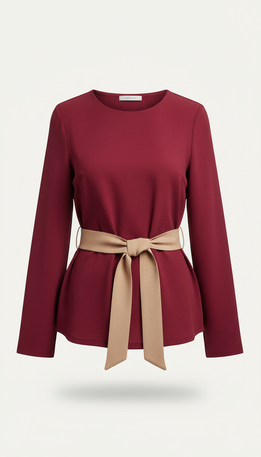 Belted Top with Crimson Accent Sleeve